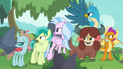 Size: 1280x720 | Tagged: safe, screencap, gallus, ocellus, sandbar, silverstream, smolder, yona, changedling, changeling, classical hippogriff, dragon, griffon, hippogriff, pony, yak, non-compete clause, angry, cloven hooves, dragoness, female, flying, gallus is not amused, looking back, male, monkey swings, ocellus is not amused, sandbar is not amused, silverstream is not amused, smolder is not amused, student six, teenager, unamused, yona is not amused