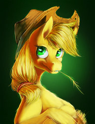 Size: 1024x1336 | Tagged: safe, artist:may-li128, applejack, earth pony, pony, g4, crossed hooves, female, green background, haystick, mare, simple background, solo