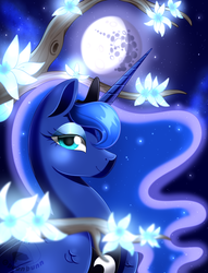 Size: 1066x1396 | Tagged: safe, artist:beanbunn, princess luna, pony, g4, bust, female, flower, lidded eyes, mare in the moon, moon, portrait, signature, smiling, solo
