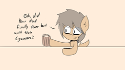 Size: 5120x2880 | Tagged: safe, artist:exxie, oc, oc only, earth pony, pony, alcohol, bags under eyes, beer, chest fluff, collar, dialogue, drink, female, filly, flat colors, tavern, text