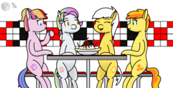 Size: 1920x976 | Tagged: safe, artist:wyntermoon, coconut cream, peachy pie, sunny daze, toola roola, g4, banana, banana split, colored pupils, cutie mark, dessert, eating, female, filly, foal, food, group, hair tie, ice cream, mare, multicolored hair, request, seat, spoon, table
