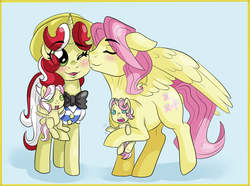 Size: 1346x1000 | Tagged: artist needed, safe, flim, fluttershy, oc, oc:clover wing, oc:lucky star, pegasus, pony, unicorn, g4, baby, baby pony, butterscotch, cheek kiss, family, female, foal, kissing, male, offspring, parent:butterscotch, parent:flim, parent:fluttershy, parent:shim, parents:flimshy, r63 shipping, rule 63, shim, ship:buttershim, ship:flimshy, shipping, straight, twins