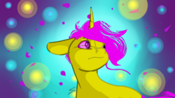 Size: 1280x720 | Tagged: safe, artist:fizzlesoda2000, oc, oc only, unnamed oc, pony, unicorn, abstract background, colorful, eyebrows, eyestrain warning, looking at something, lyrics in the description, needs more saturation, signature, solo, swirly eyes