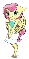 Size: 1226x2451 | Tagged: safe, artist:soarashighasyoucan, fluttershy, anthro, unguligrade anthro, g4, clothes, dress, female, simple background, solo, white background