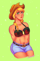 Size: 1033x1581 | Tagged: safe, artist:cosmicponye, applejack, human, g4, belly button, belt, bra, breasts, busty applejack, clothes, cowboy hat, female, freckles, hands behind back, hat, humanized, looking at you, midriff, shorts, simple background, solo, stetson, thoughtful, underwear