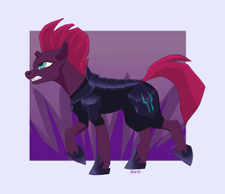 Size: 2035x1750 | Tagged: safe, artist:marderskadi, tempest shadow, pony, unicorn, g4, abstract background, angry, armor, broken horn, female, grin, horn, smiling, solo, walking