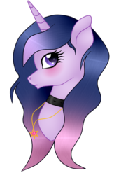 Size: 500x766 | Tagged: safe, artist:cindystarlight, oc, oc only, oc:miss shimmer, pony, unicorn, blushing, bust, collar, female, mare, portrait, simple background, solo, transparent background