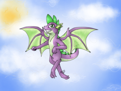 Size: 2048x1536 | Tagged: safe, artist:melonseed11, spike, dragon, g4, molt down, looking at you, male, smiling, solo, sun, winged spike, wings