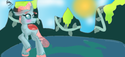 Size: 1366x629 | Tagged: safe, artist:fuchsia flame, ocellus, changedling, changeling, g4, alternate artstyle, bare hooves, blushing, bug equine, changeling kingdom, cloud, eyebrows, fanart, female, horn, mountain, reformed, scenery, shell, signature, sun, transparent mane, transparent tail, vine, wings