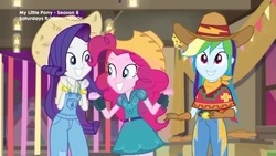 Size: 1280x720 | Tagged: safe, screencap, pinkie pie, rainbow dash, rarity, equestria girls, five to nine, g4, my little pony equestria girls: better together, cowboy hat, cowgirl, cowgirl outfit, cute, dancing, dashabetes, diapinkes, farmer pinkie, female, hat, raribetes, smiling