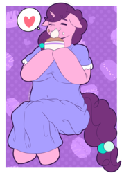 Size: 2319x3231 | Tagged: safe, artist:braffy, sugar belle, anthro, g4, anatomically incorrect, arm hooves, big breasts, breasts, cake, clothes, eyes closed, fat, female, food, high res, huge breasts, incorrect leg anatomy, makeup, messy eating, solo, sugar belly