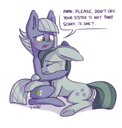 Size: 1536x1600 | Tagged: safe, artist:dsp2003, limestone pie, marble pie, earth pony, pony, blushing, butt, comforting, comic, crying, cute, daaaaaaaaaaaw, dialogue, duo, duo female, female, floppy ears, hnnng, hug, marblebetes, mare, open mouth, pie sisters, plot, prone, sad, sadorable, siblings, simple background, single panel, sisters, sitting, transparent background, underhoof, wavy mouth
