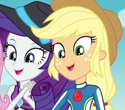 Size: 610x538 | Tagged: safe, screencap, applejack, rarity, aww... baby turtles, equestria girls, equestria girls series, g4, applejack's hat, cowboy hat, cropped, cute, geode of shielding, geode of super strength, hat, jackabetes, looking down, open mouth, raribetes, sun hat
