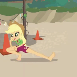 Size: 370x370 | Tagged: safe, screencap, applejack, equestria girls, g4, my little pony equestria girls: better together, turf war, animated, barefoot, beach, clothes, cropped, exercise, feet, female, legs, lifeguard applejack, loop, sand, shorts, solo, stretching, traffic cone