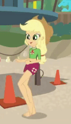 Size: 220x384 | Tagged: safe, screencap, applejack, equestria girls, equestria girls series, g4, turf war, animated, barefoot, clothes, cropped, feet, female, geode of super strength, legs, lifeguard applejack, loop, magical geodes, running, running in place, shorts, solo