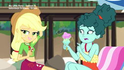 Size: 1280x720 | Tagged: safe, screencap, applejack, leafy mint, equestria girls, g4, my little pony equestria girls: better together, turf war, background human, clothes, duo, food, geode of super strength, ice cream, lifeguard, magical geodes, one-piece swimsuit, swimsuit