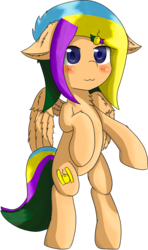 Size: 690x1169 | Tagged: safe, artist:ppptly, oc, oc only, oc:program mouse, pegasus, pony, :3, blushing, cute, ear fluff, female, floppy ears, hairclip, mare, simple background, smiling, solo, standing, transparent background
