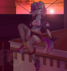 Size: 2843x3000 | Tagged: safe, artist:yuozka, pinkie pie, oc, oc:aqua jewel, unicorn, anthro, g4, belly, city, cityscape, clothes, curved horn, female, gloves, high res, horn, roof, shirt, shoes, shorts, sitting, smiling, smirk, sneakers, stockings, sunset, thigh highs, zettai ryouiki