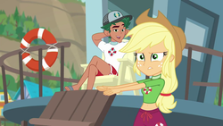 Size: 1280x720 | Tagged: safe, screencap, applejack, timber spruce, equestria girls, equestria girls series, g4, turf war, applejack's hat, belly button, cowboy hat, crossed arms, duo, feet, hat, lifeguard, lifeguard applejack, lifeguard timber, midriff, stetson