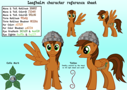 Size: 3508x2480 | Tagged: safe, artist:malte279, oc, oc:leafhelm, pegasus, pony, cutie mark, helmet, high res, pen and paper rpg, reference sheet