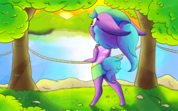 Size: 1920x1200 | Tagged: safe, artist:soarashighasyoucan, oc, oc only, anthro, cloven hooves, colored, solo, sunset, tree