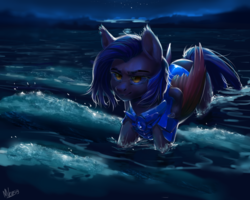 Size: 1280x1024 | Tagged: safe, artist:vensual99, oc, oc only, oc:dawn sentry, bat pony, pony, rcf community, bat wings, female, mare, night, solo, standing in water, water, wet, wet mane, wings