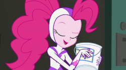 Size: 640x358 | Tagged: safe, screencap, fili-second, pinkie pie, equestria girls, equestria girls specials, g4, movie magic, animated, bucket, chugging, door, drinking, eating, female, food, gif, hammerspace belly, lifting, movie set, ponytail, power ponies, pudding, slender, solo, spandex, thin