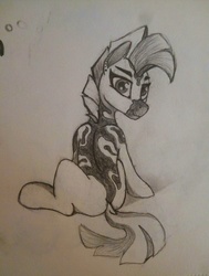 Size: 3104x4110 | Tagged: safe, artist:crazyparrot, oc, oc only, pony, female, grayscale, looking at you, mare, monochrome, rear view, sitting, sketch, solo, stripes, traditional art