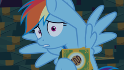 Size: 1920x1080 | Tagged: safe, screencap, rainbow dash, pony, 28 pranks later, g4, cookie, female, food, scared, solo