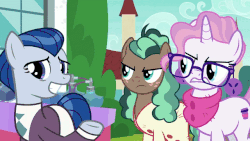 Size: 640x360 | Tagged: safe, screencap, ever essence, minty mocha, raspberry latte, earth pony, pony, unicorn, g4, the parent map, animated, armpits, bags under eyes, body odor, building, clothes, disgusted, ear piercing, earring, essence, eyes closed, floppy ears, freckles, frown, gif, glasses, hipster, imminent vomiting, jewelry, messy hair, necktie, nodding, perfume, piercing, puffy cheeks, scarf, scowl, shrunken pupils, sire's hollow, smell, smelly, suit, sweater, trio, visible stench