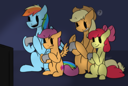 Size: 6089x4086 | Tagged: safe, artist:ggchristian, apple bloom, applejack, rainbow dash, scootaloo, earth pony, pony, g4, absurd resolution, controller, dexterous hooves, joystick, sitting, video game