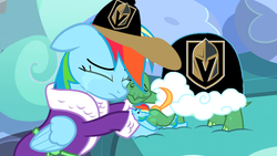 Size: 768x432 | Tagged: safe, edit, edited screencap, screencap, rainbow dash, tank, g4, tanks for the memories, baseball cap, cap, crying, hat, hockey, ice hockey, meme, nhl, vegas golden knights