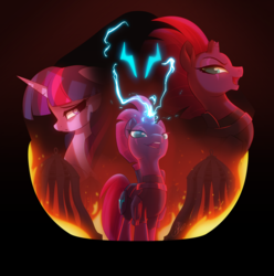 Size: 2476x2500 | Tagged: safe, artist:light262, tempest shadow, twilight sparkle, alicorn, pony, unicorn, g4, my little pony: the movie, broken horn, cover art, eye scar, female, high res, horn, mare, open mouth, open up your eyes, scar, scare, sparking horn, twilight sparkle (alicorn)