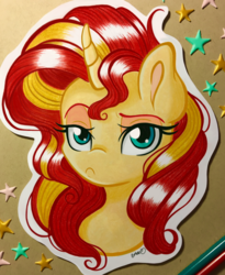 Size: 2890x3533 | Tagged: safe, artist:emberslament, sunset shimmer, unicorn, equestria girls, equestria girls specials, g4, my little pony equestria girls: better together, my little pony equestria girls: forgotten friendship, bust, curved horn, cute, female, grumpy, high res, horn, looking at you, mare, photo, portrait, scene interpretation, shimmerbetes, solo, traditional art, unamused