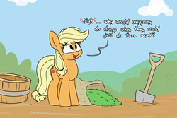 Size: 1800x1200 | Tagged: safe, artist:heir-of-rick, applejack, earth pony, pony, daily apple pony, g4, cute, dialogue, female, freckles, hidden cane, jackabetes, king of the hill, looking up, mare, missing accessory, no iris, open mouth, reference, shovel, sigh, smiling, solo