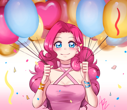 Size: 1179x1028 | Tagged: dead source, safe, artist:apzzang, pinkie pie, human, g4, balloon, blushing, breasts, busty pinkie pie, cute, digital art, female, heart balloon, humanized, looking at you, redraw, smiling, solo