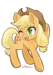 Size: 908x1284 | Tagged: safe, artist:bbtasu, applejack, earth pony, pony, g4, cowboy hat, female, hat, mare, one eye closed, simple background, solo, white background