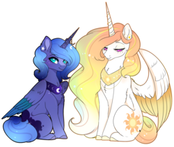 Size: 2593x2203 | Tagged: safe, artist:kao-chou, princess celestia, princess luna, alicorn, pony, g4, chest fluff, colored wings, cute, duo, female, fluffy, folded wings, high res, horn, horn accessory, jewelry, lidded eyes, looking at you, mare, necklace, royal sisters, simple background, sitting, spread wings, transparent background, wings