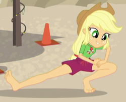 Size: 395x323 | Tagged: safe, screencap, applejack, equestria girls, g4, my little pony equestria girls: better together, turf war, barefoot, beach, clothes, cropped, feet, female, geode of super strength, legs, lifeguard, magical geodes, sand, shorts, solo, stretching