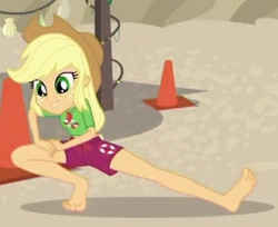 Size: 269x219 | Tagged: safe, screencap, applejack, equestria girls, g4, my little pony equestria girls: better together, turf war, barefoot, beach, clothes, cropped, feet, female, geode of super strength, legs, lifeguard, magical geodes, sand, shorts, solo, stretching