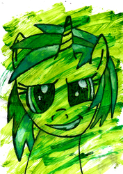 Size: 1654x2338 | Tagged: safe, artist:jesterpi, dj pon-3, vinyl scratch, g4, abstract background, close-up, green background, horn, limited palette, painting, pastels (medium), simple background, smiling, traditional art