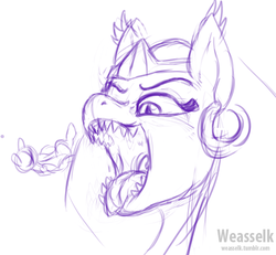 Size: 600x555 | Tagged: safe, artist:weasselk, the sphinx, pony, sphinx, g4, ear piercing, female, fetish, imminent vore, macro, monochrome, open mouth, piercing, quadrupedal, sharp teeth, simple background, size difference, sketch, teeth, this will end in death, this will end in tears and/or death, tongue out, uvula, white background
