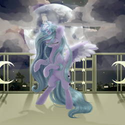 Size: 1280x1280 | Tagged: safe, artist:colorbrush, princess luna, alicorn, pony, g4, balcony, crying, eyes closed, female, glowing horn, horn, mare, moon, night, rearing, s1 luna, solo