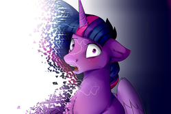 Size: 4490x3000 | Tagged: safe, artist:kao-chou, twilight sparkle, alicorn, pony, g4, abuse, avengers: infinity war, disintegration, female, gradient background, i don't feel so good, imminent death, implied death, looking at you, mare, open mouth, shocked, solo, spoilers for another series, twilight sparkle (alicorn), twilybuse