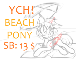 Size: 1893x1500 | Tagged: safe, artist:ohno, oc, oc only, earth pony, pegasus, pony, unicorn, advertisement, beach, commission, solo, your character here