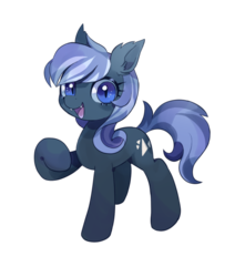 Size: 720x850 | Tagged: safe, artist:lemonheart, oc, oc only, oc:glass arrow, bat pony, nightstalker, pony, wingless bat pony, blue eyes, fangs, female, happy, looking at you, mare, simple background, slit pupils, solo, transparent background, wingless