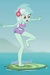 Size: 326x487 | Tagged: safe, screencap, lyra heartstrings, equestria girls, g4, my little pony equestria girls: better together, turf war, barefoot, clothes, cropped, feet, female, lyra heartstrings swimsuit, surfboard, swimsuit