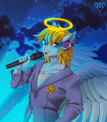Size: 1137x1300 | Tagged: safe, artist:margony, oc, oc only, pegasus, anthro, anthro oc, button, clothes, commission, halo, headphones, male, microphone, shirt, signature, singing, solo, spread wings, stallion, wings
