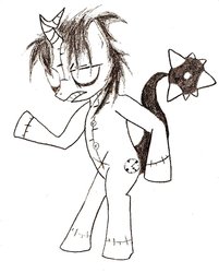 Size: 900x1119 | Tagged: safe, artist:poch0, oc, oc only, oc:pocho, pony, unicorn, 2011, bipedal, broken horn, button, clock, cutie mark, horn, monochrome, ponified, simple background, stitched body, stitches, traditional art, white eyes