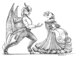 Size: 1400x1076 | Tagged: safe, artist:baron engel, sweetie belle, oc, dragon, unicorn, anthro, g4, anthro oc, canon x oc, clothes, dancing, dress, female, flamenco, grayscale, looking at each other, male, mare, monochrome, older, older sweetie belle, pants, pencil drawing, shirt, simple background, smiling, straight, traditional art, white background